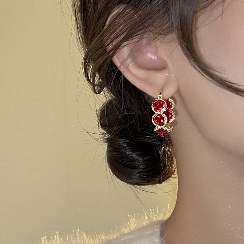 Vintage Red Rose Flower Hoop Earrings For Women Exquisite Elegant Zircon Circle Earrings Jewelry Wedding Party Premium Gifts