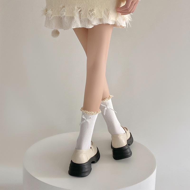 Lace Socks, Cute Mid-calf Lolita Ribbon Bow, White Pile Long Calf, Retro