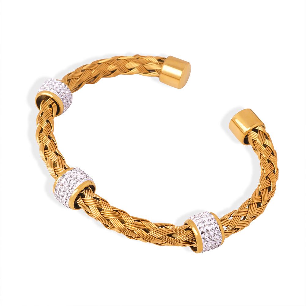 Chic Fashion Titanium Steel Open Bangle with Diamond-Inlaid Round Pendant and Woven Design