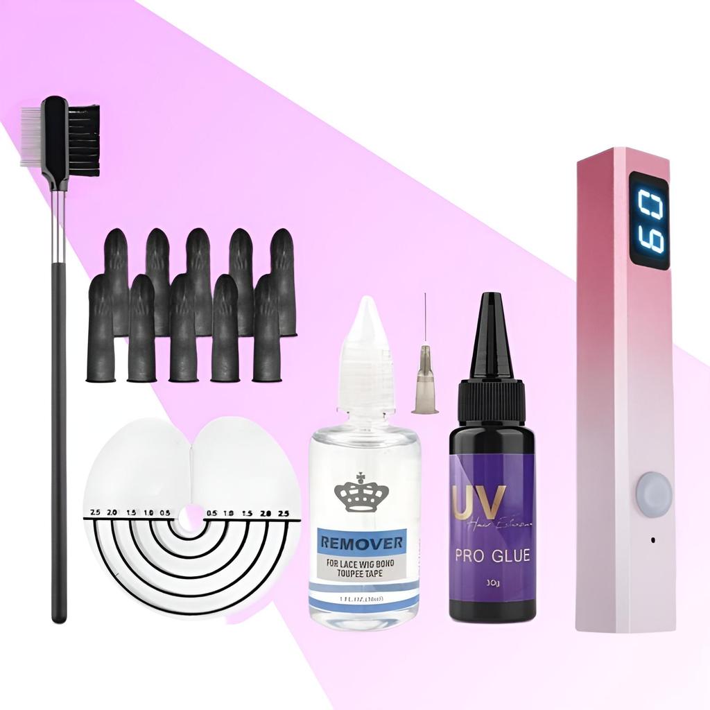 Ultimátní UV sada na prodlužování vlasů: Lampa salonní kvality & Ultra rychlé lepidlo/odstraňovač pro neviditelné spoje | Profesionální systém pro domácí a salonní použití