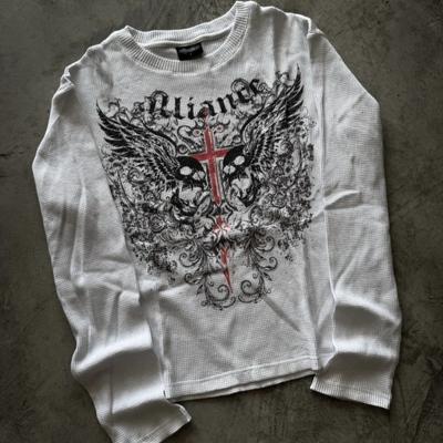 DRIPX Nieuwe Amerikaanse Retro Subcultuur Gotische Schedel Vleugels Kruis Bedrukt Casual Lange Mouw Top Street Punk Trendy Niche Veelzijdig