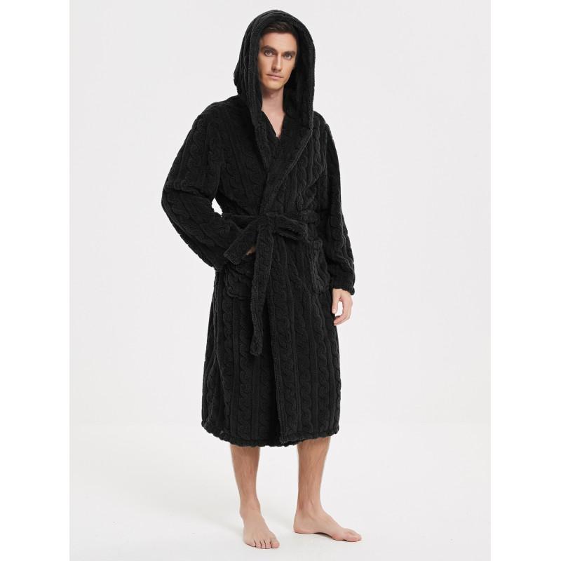 Plus Size Winter Warm Jacquard Coral Fleece Couple Hooded Twisted Bathrobe Loungewear