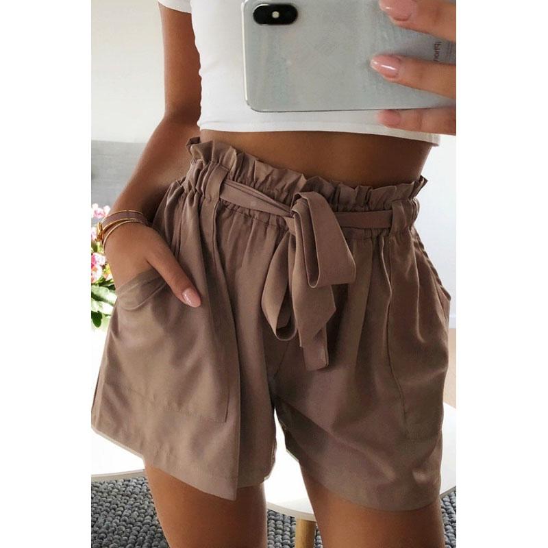 Women Summer Fashion Lace Up Short Pants Casual High Waist Pure Color Crepe Woven Tie Beach Shorts Pocket Cotton Short Pants