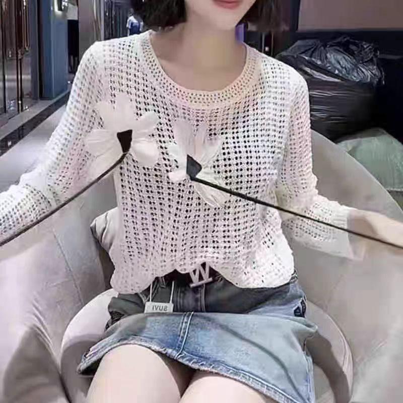 summer Three dimensional flowers Women's Knitted Sweaters Lady Hollow Out Mesh Thin Pullover See Through Look Long Sleeve loose Tops Sunscreen shirt
