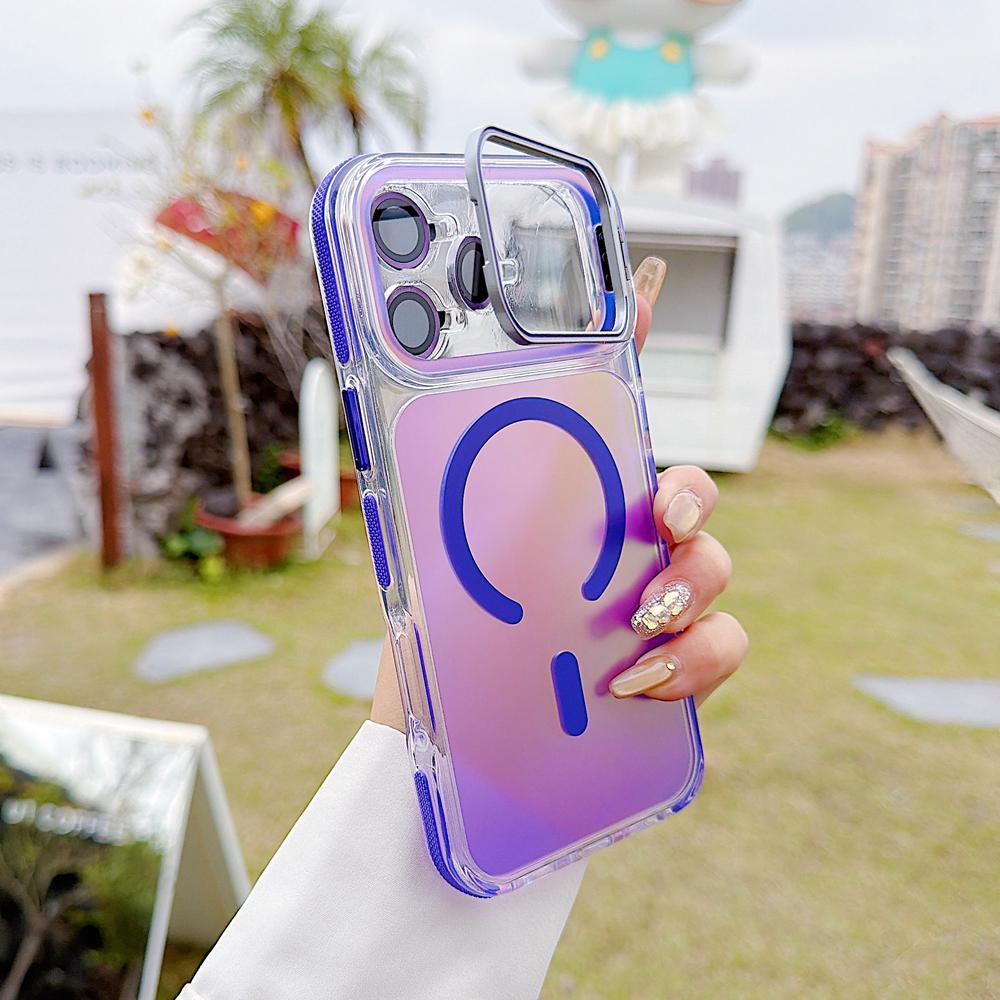 KEYSION Laser Gradient Magnetic Case for MagSafe for iPhone 11 12 13 14 15 17 Pro Max 16Plus Air 17e Lens Stand Shockproof Cover