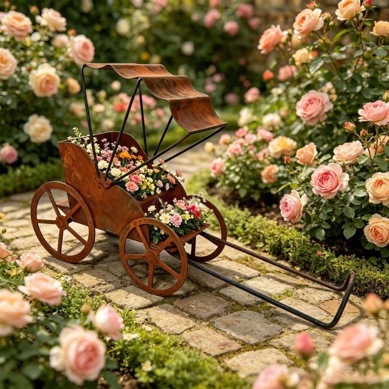 Metal Flower Pot Cart With Pull Handle and Wheel Frame, Aged Rickshaw Holder for Balcony Entry Corner, Porch and Home Garden Display