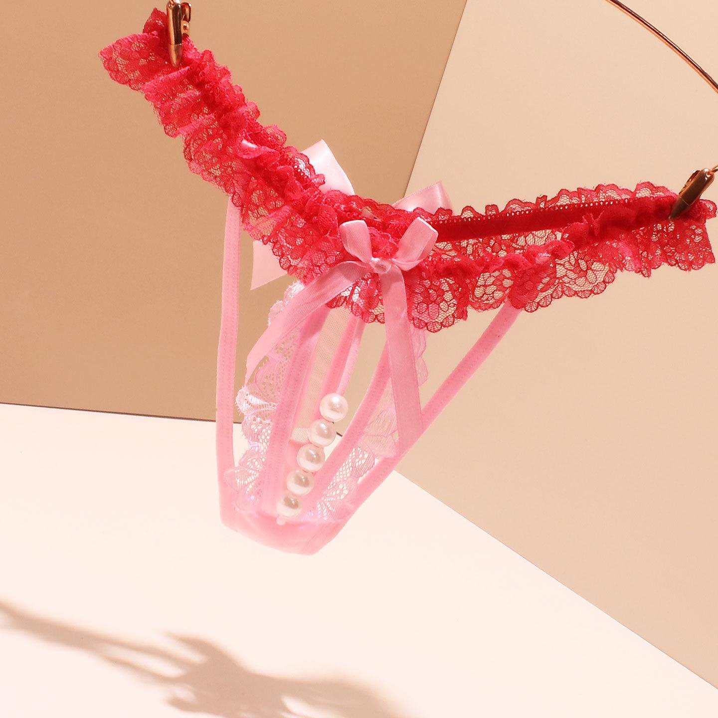 

2025 Новые женские кружевные стринги: Сексуальная заниженная талия, Большой размер, Декор с бантом из чистого хлопка L розовый