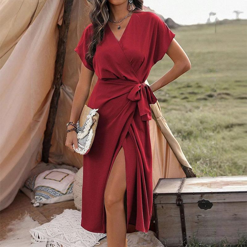 Women's Satin Wrap Dress with Side Slit Solid Color Elegant Bodycon Midi Dress