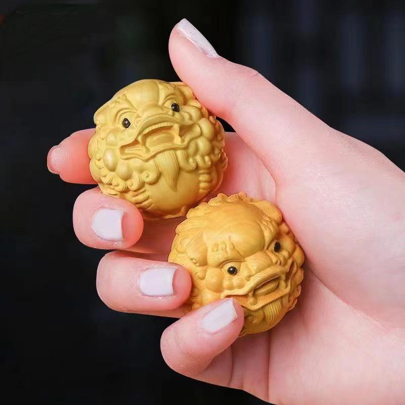 Cypress Wood Lion Head Pixiu Hand Massage Ball for Seniors