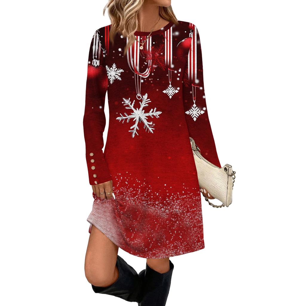 Women's Fashion Casual Dress With Pockets, Decorative Buttons, Christmas Prints, Round Neck And Long Sleeves
