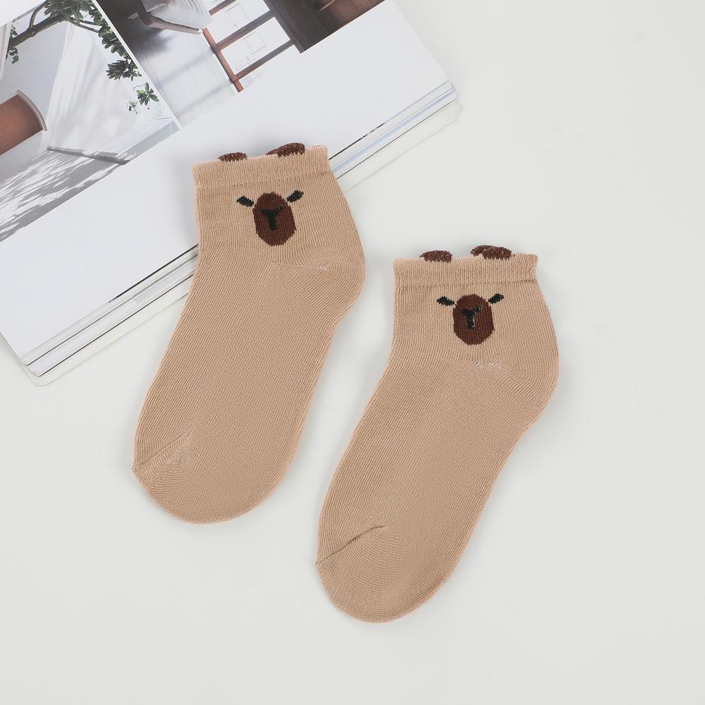 5 Pairs Cute Capybara Women'S Knee-Length Socks, Cartoon Knit Fabric, Summer Thin Low Cut Japanese Style Socks,