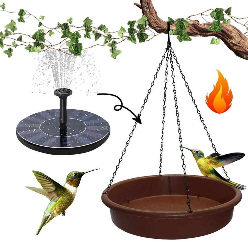 Solar Powered Hummingbird Food Feeder Hand Blown with Solar Fountain Pump Water Feeding Bowl for Outdoor Garden Yard Decoration
