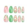 Short Ballet Green-Edged Press-On Nails with Pearl Heart Design