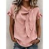 Damen Einfarbige Asymmetrischer Hals Fliege Rüsche Kurzarm Bluse