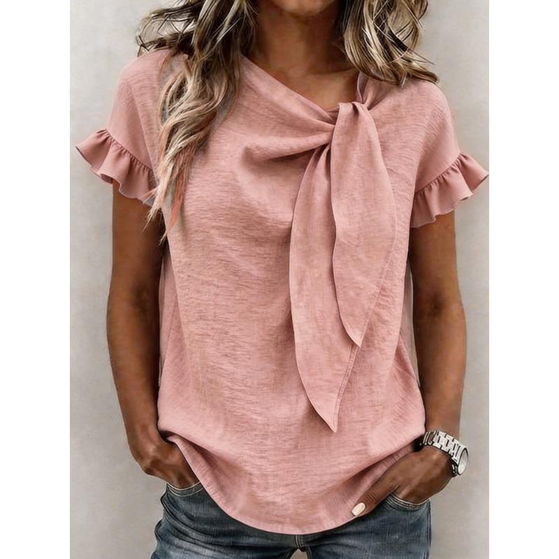 Damen Einfarbige Asymmetrischer Hals Fliege Rüsche Kurzarm Bluse