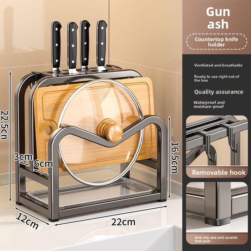 

Knife rack, kitchen storage rack, multifunctional countertop organizer for knives, cutting boards, and pot lids Gray heart-shaped knife h