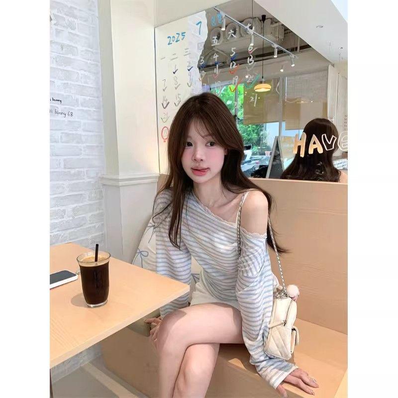 Pure Desire Off-the-Shoulder Striped Lace Patchwork Slimming Top - 2026 Summer Women s Chic Style S синий