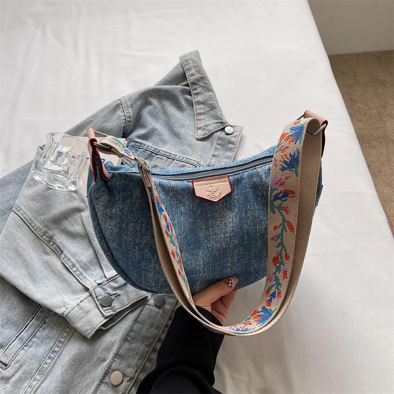 Denim Moon Bag with Colorful Strap Women's Crossbody Bag Fashionable Shoulder Bag Casual Daily Use Design