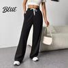 Solid Color Casual Pants Women Elastic High Waist Adjustable Drawstring Straight Wide Leg Trousers with Pockets Wide-leg