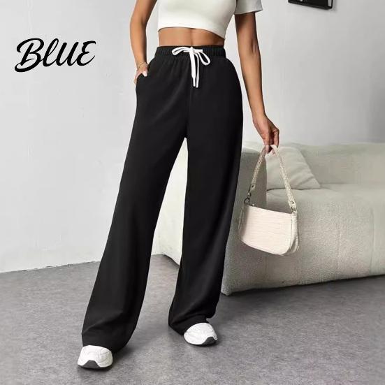 Solid Color Casual Pants Women Elastic High Waist Adjustable Drawstring Straight Wide Leg Trousers with Pockets Wide-leg