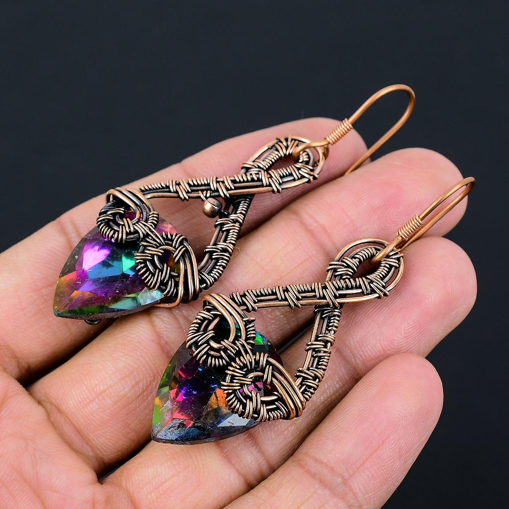 Natural Mystic Topaz Gemstone Handmade Copper Wire Wrap Earring 2.76 w4M85