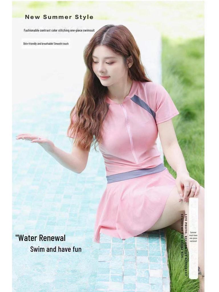 2024 Trending Women's One-Piece Skirt Swimsuit: Color-Contrast, Slimming, Belly-Covering, Conservative, Student Style, Sun-Protective