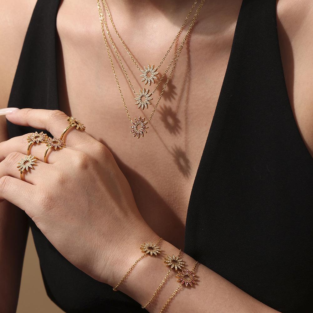 Qiong Yao Sunflower Zircon Sparkle Jewelry Set: Bracelet, Necklace & Ring - High-End Unique Design, Colorfast.