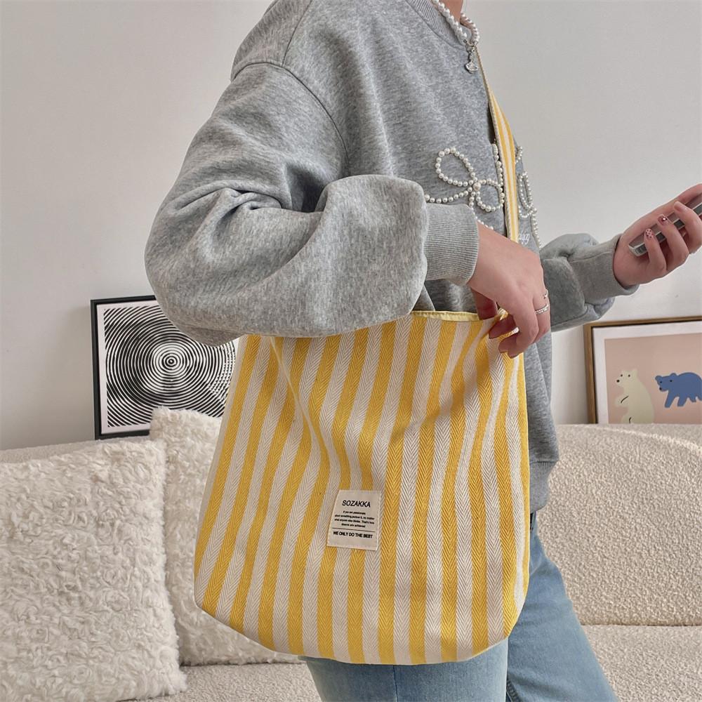 Trendy Yellow Striped Canvas Shoulder Bag For Women Fashionable Versatile Tote