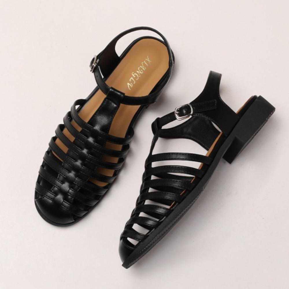 Women's Sandals Summer Baotou Square Head Retro Sandals Women's Summer New Fashion Thick Heel Outer Wear Woven Roman Sandals