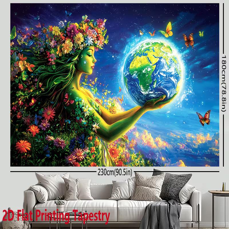 2D Flat HD Mother Earth Tapestry Polyester Fabric Wall Art for Living Room