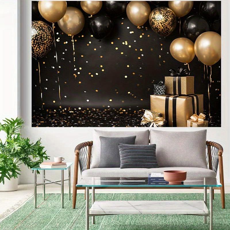 Ein schwarz-goldener kombinierter Feierhintergrund, begleitet von Luftballons, Konfetti und Geschenkboxen - geeignet für Geburtstage