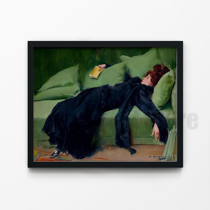 

Декадентская молодая женщина после танца. Роман Касас. Антикварная картина на холсте 1899 года. Знаменитая скучающая викторианская женская фигура позолоченного века. 40x50cm No Framed