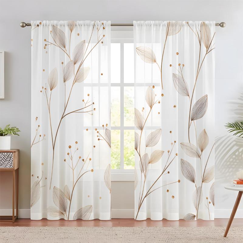 2PCS Sheer Curtains, Beige and Gold, Delicate Botanical Leaves and Branches Pattern, Suitable for Bedroom and Living Room