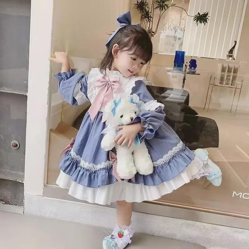 2024 Autumn/Winter Long-Sleeve Bow Lace Lolita Dress for Girls' Birthdays