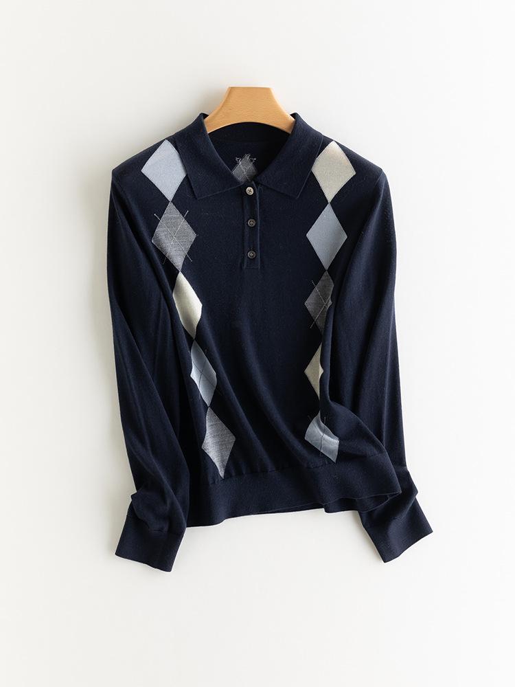 Women's Merino Wool Polo Collar Sweater - 2026 Spring/Autumn, Diamond Pattern Knit Pullover