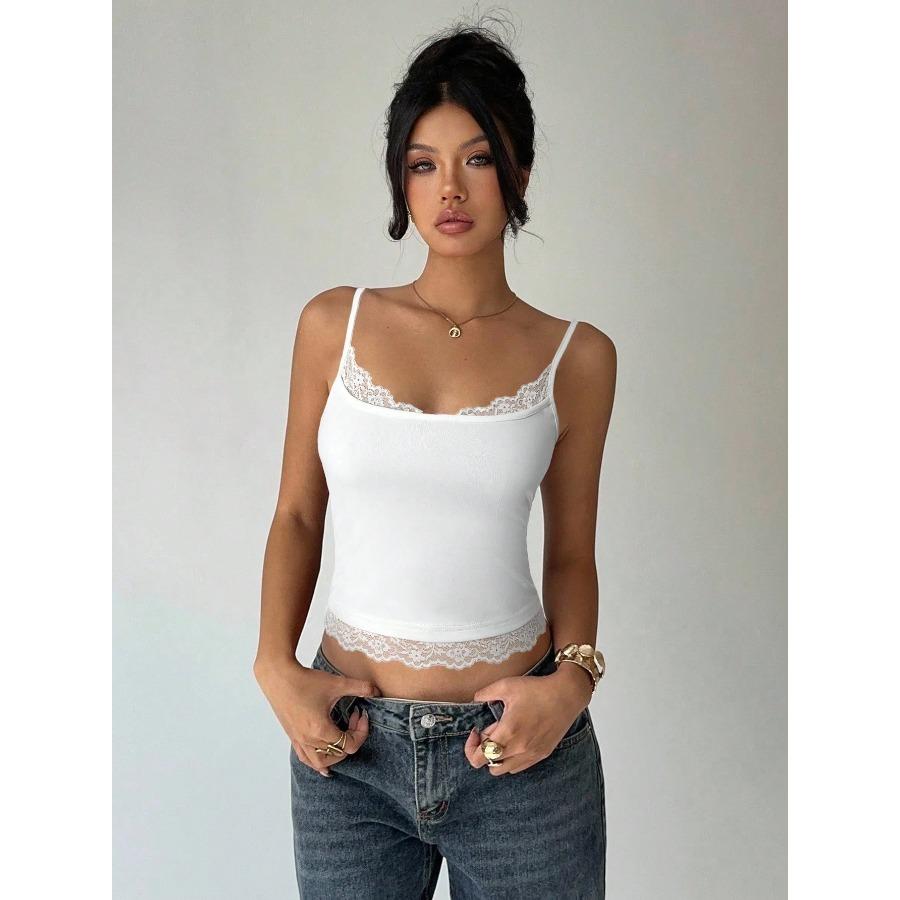 Top Canotta da Donna Sexy con Bordi in Pizzo, Scollo a U, Colore Unito Base, Vestibilità Aderente, Spalline Sottili, Schiena Scoperta, Crop Top, Primavera/Estate 2026