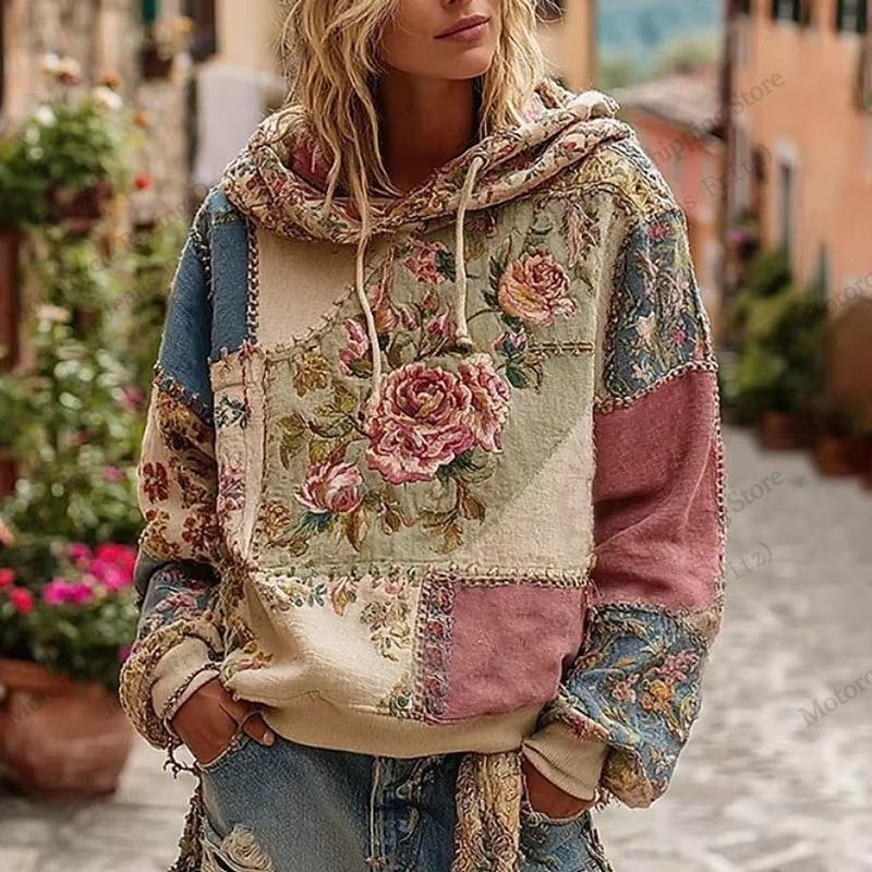 Vintage Floral Patchwork 3d Print Hoodie Women Fashion Casual European American Style Hoodie Sweatshirt Women Clothes Top
