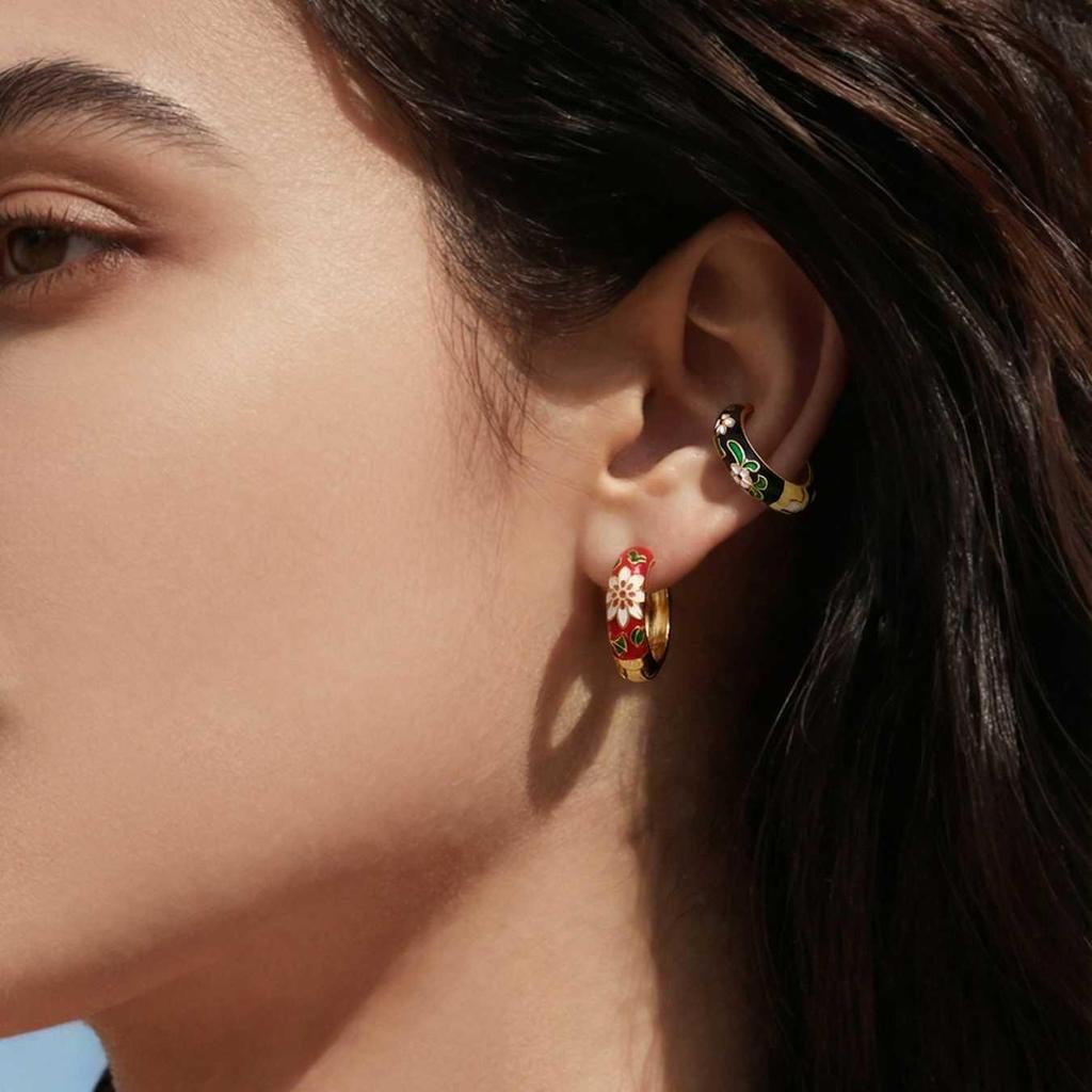 18k Gold-Plated Enamel Camellia Hoop Earrings - Stainless Steel, Fade-Resistant, Light Luxury Design