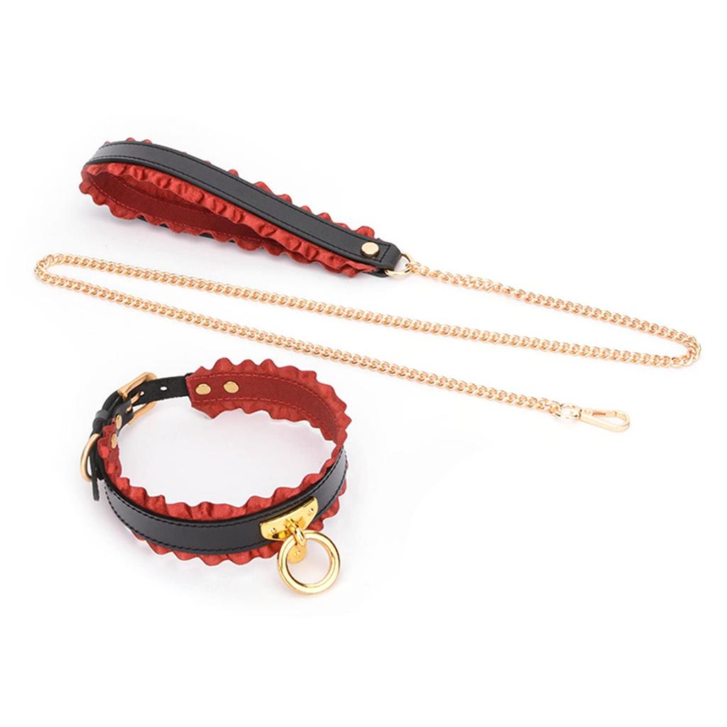 choker collar with training set Women's leash, SM, human, sexy, equipment, leather, cosplay, black, red, 2-piece