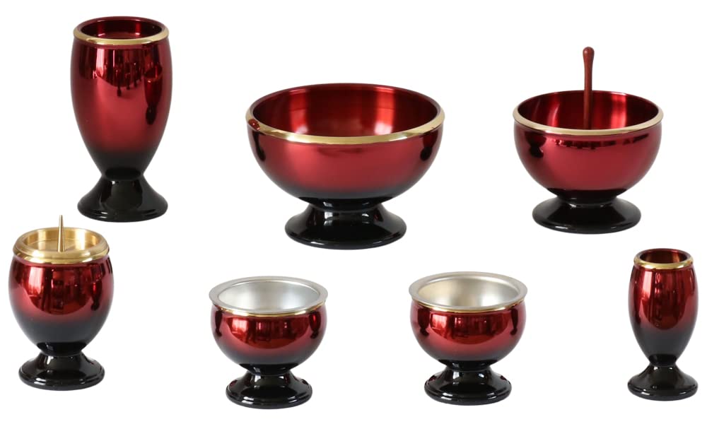 Buddhist Altar Set [Ryusei 3.0 Inch Buddhist Altar Set of 6 + Ryusei Bell 2.3 Inch] Brass, Stylish Bell Included, Wine