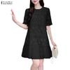 ZANZEA Women Casual Round Neck Short Sleeve Patchwork Lace Crochet Dress