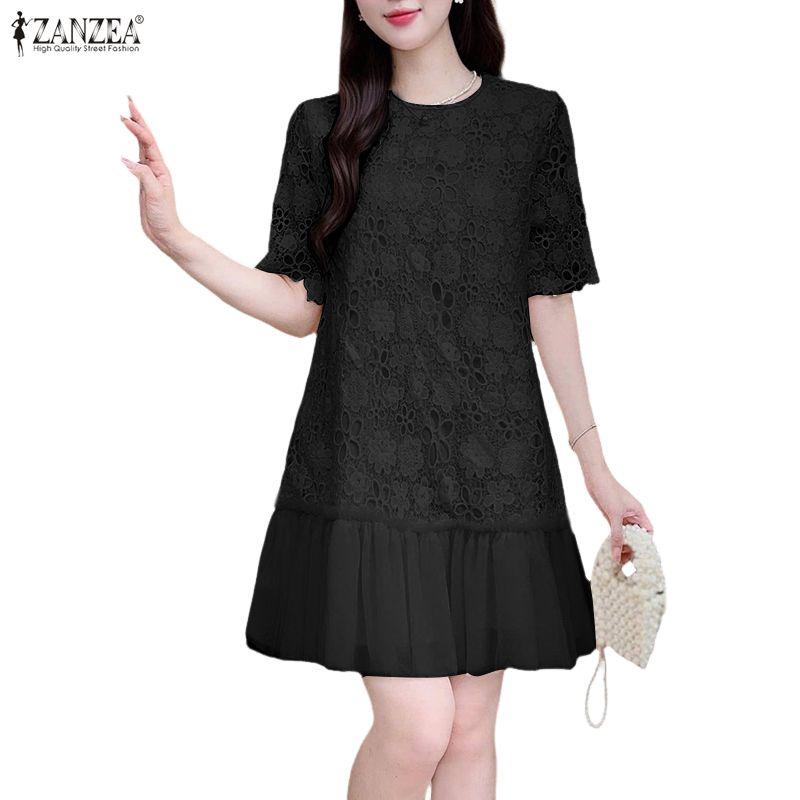 ZANZEA Women Casual Round Neck Short Sleeve Patchwork Lace Crochet Dress