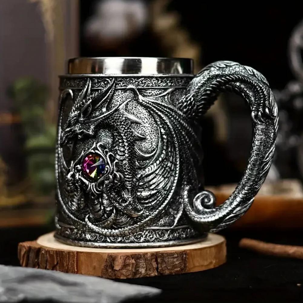 Unique Dragon Wine Tumbler Mythical Dragon Drinkware Dragon Resin Stainless Steel Beer Mug 600ml Retro Tankard for Fantasy