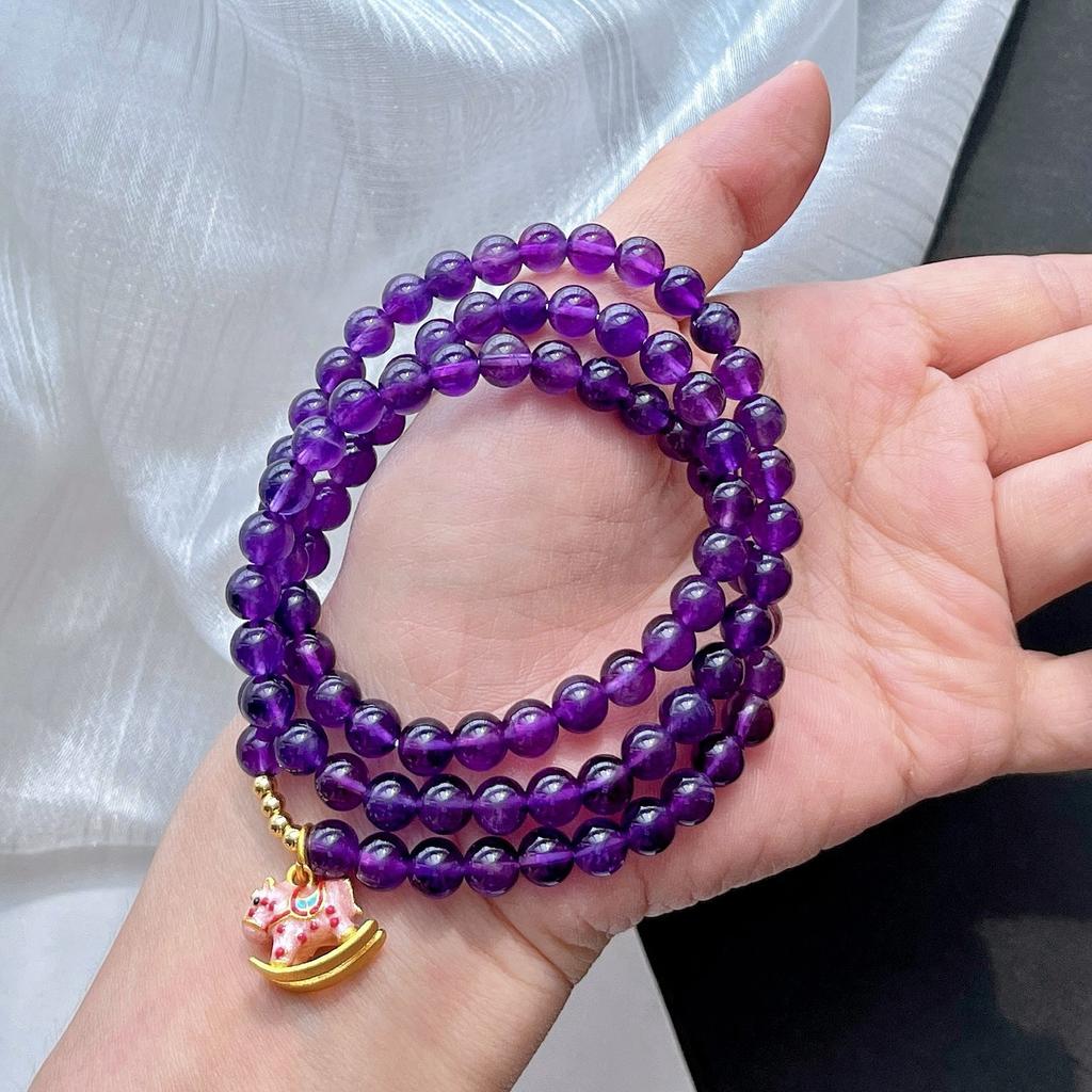 6mm Old Material Royal Purple Natural Amethyst Multi-circle Pink Pony Design Bracelet