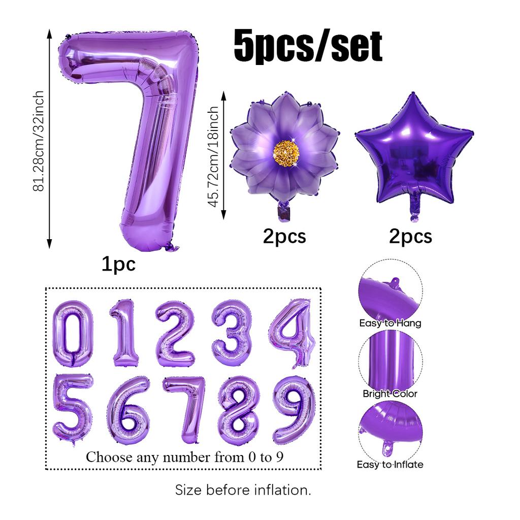 5pcs Purple Number Foil Balloon Set for Birthday Parties, Anniversaries, Holiday Celebrations, Party Decorations,