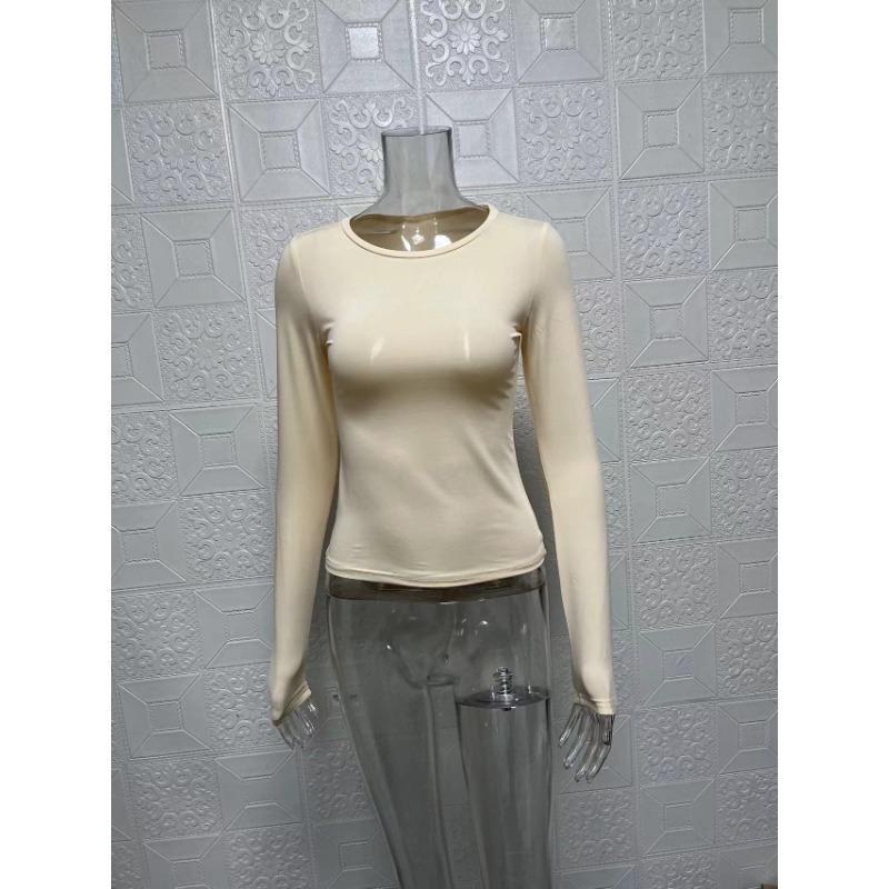 

Весенне-летняя женская однотонная футболка с круглым вырезом, модная тонкая футболка с длинными рукавами, простой базовый стиль, базовая рубашка для поездок на работу L