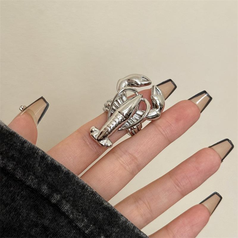 New Colorful Enamel Lobster Shaped Metal Rings for Women Girls Ocean Style Exaggerated Trendy Jewelry Finger Accessory Gift resizable