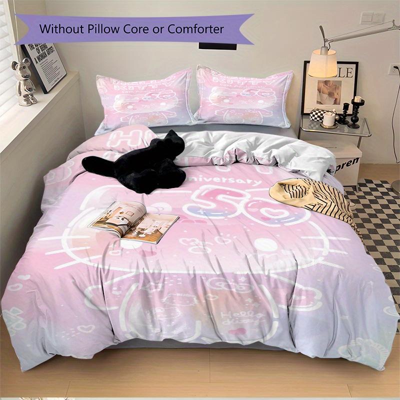 3pcs 50th Anniversary Hello Kitty Printed Quilt Set - Includes 1 Quilt Cover and 2 Pillowcases, Machine Washable - Suitable for All Seasons.W002