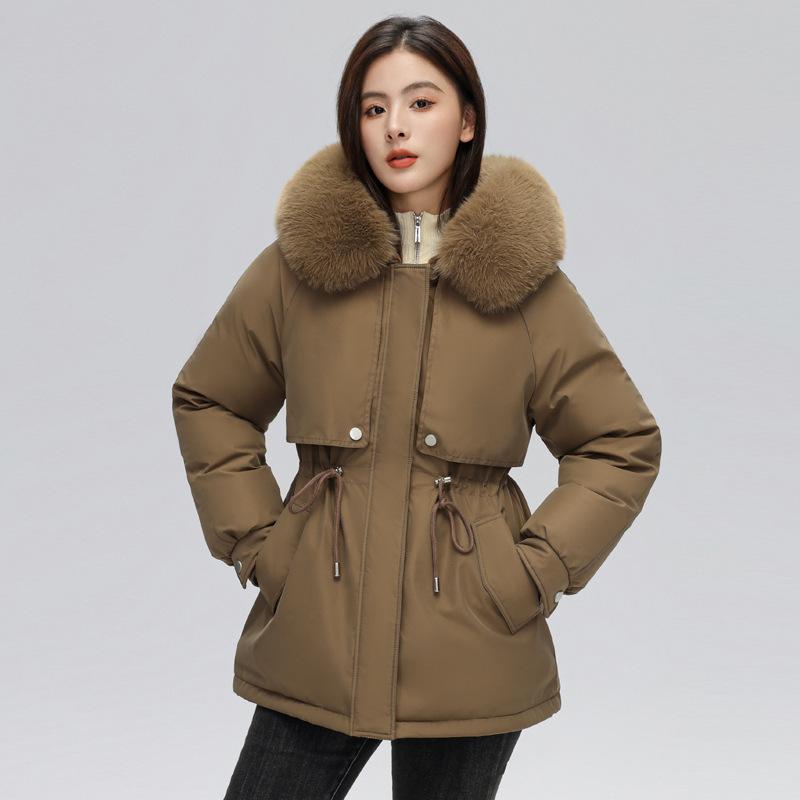 Women's New Velvet and Thickened Parka Short Korean Style Loose Waisted Large Fur Collar Jacket