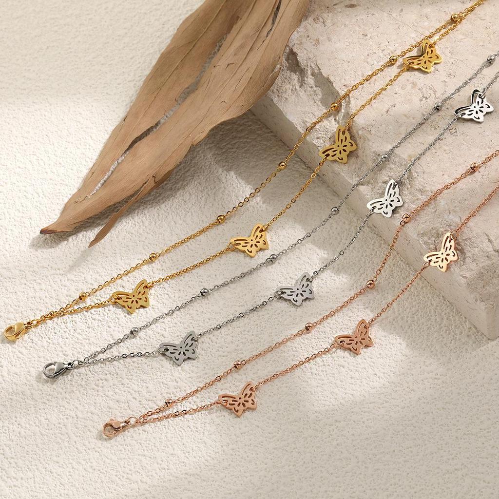 Korean INS-Style Double-Layer Butterfly Anklet for Women, Personalized Titanium Steel Gold-Plated Summer Design